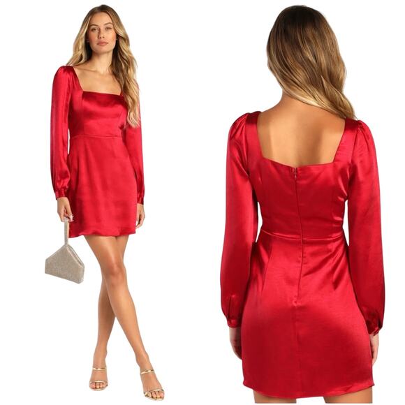 NWT Lulus Got The Love Red Satin Square Neck Mini Dress Long Sleeve Small - Picture 1 of 11